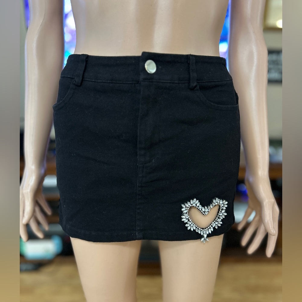 NWT Wishful Looks Black Mini Skirt with Crystal Heart Cutout size S